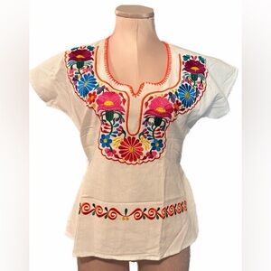 BNWOT Hand Embroidered Floral White Top from Oaxaca Mexico